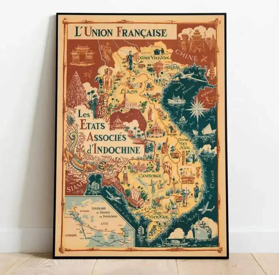 1948 French Indochina Vintage Map Wall Print
