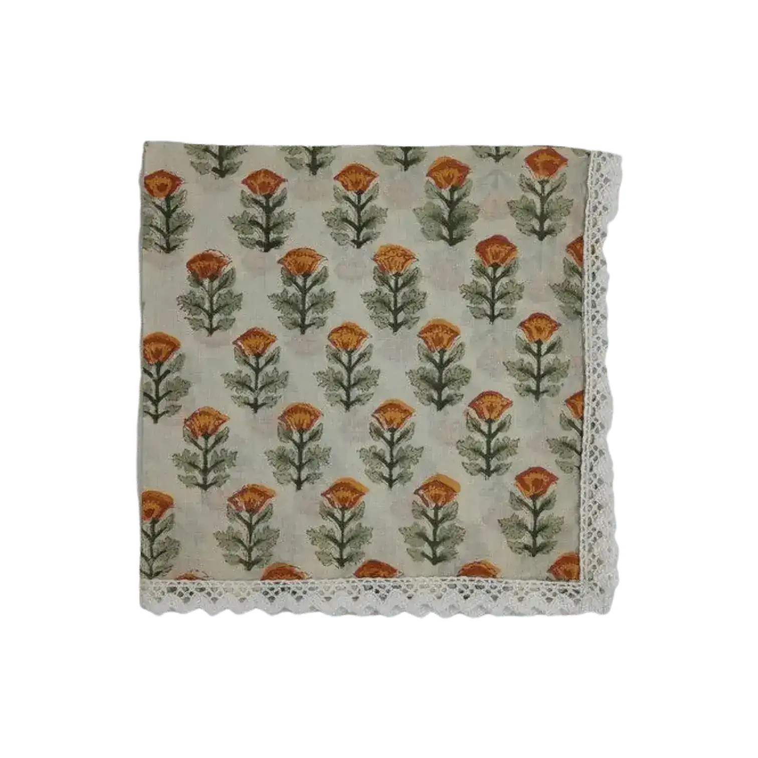 Beige Spring Floral Hand Block Printed Cotton Napkins