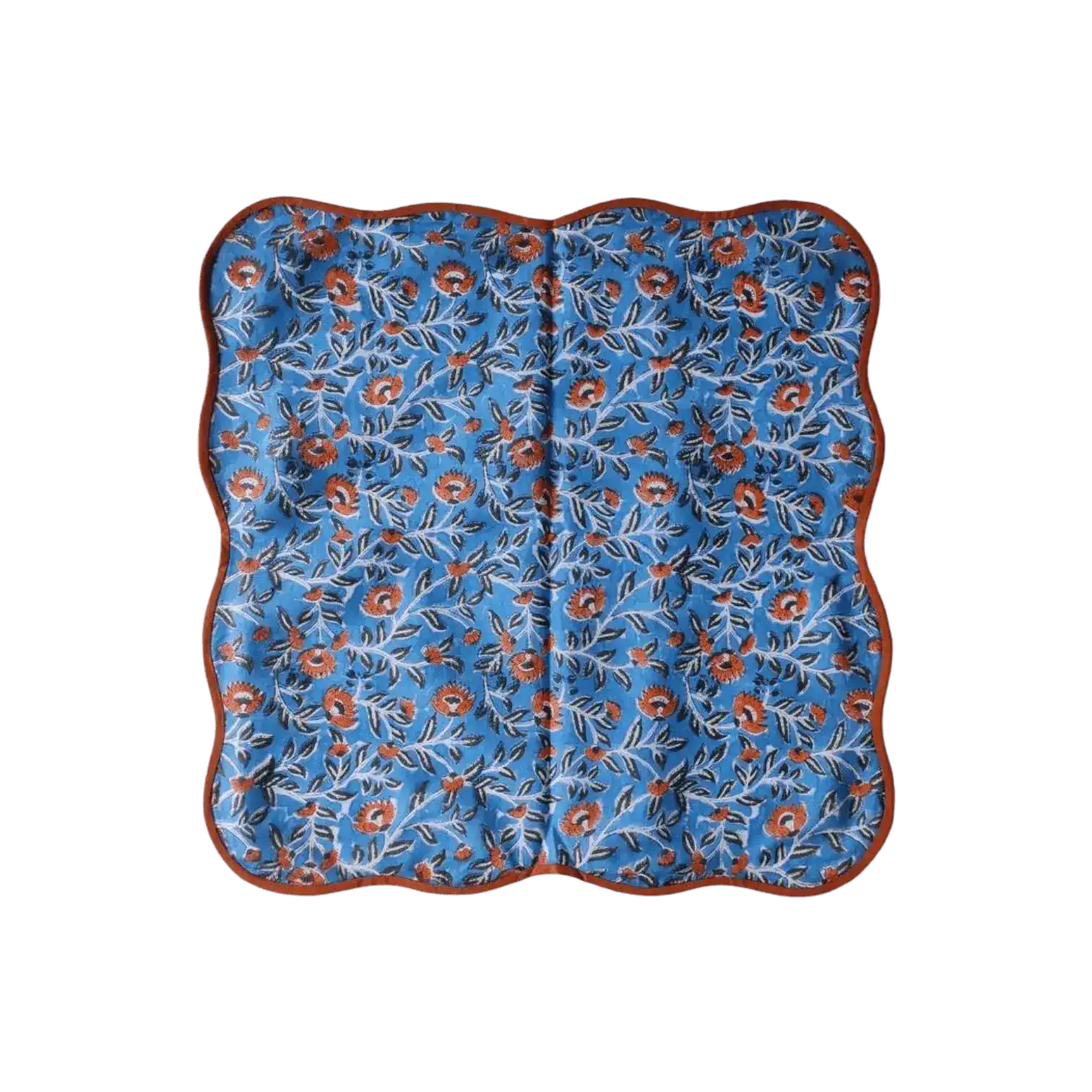 Blue and Orange Floral Block Printed Scalloped Cotton Napkins