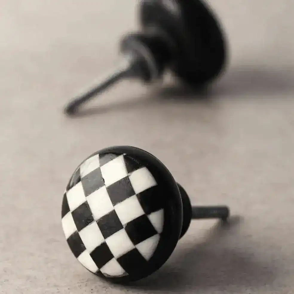 Bone Inlay Black and White Checkerboards Ceramic Cabinet Knobs